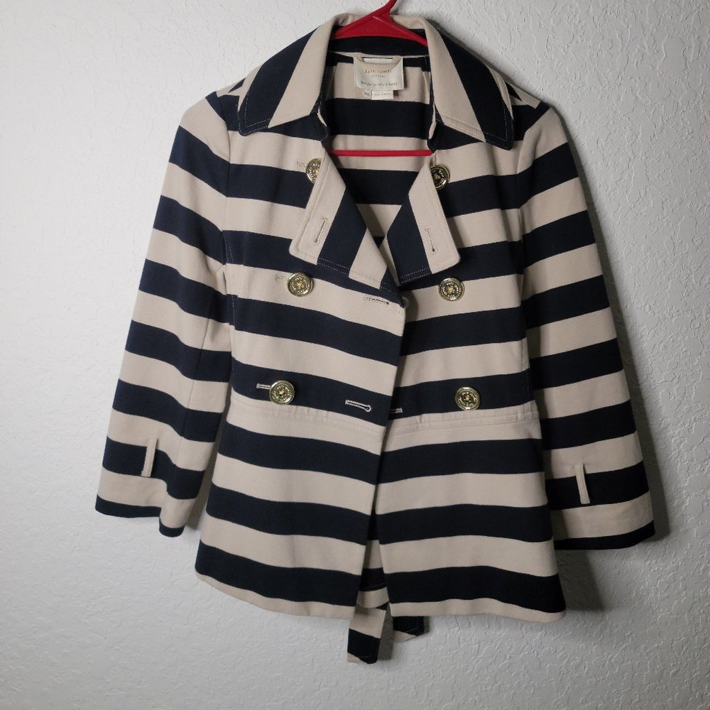 Kate Spade Double Breasted Jacket Pleats Bow in Back Blue and White Stripes Belt - Picture 2 of 6
